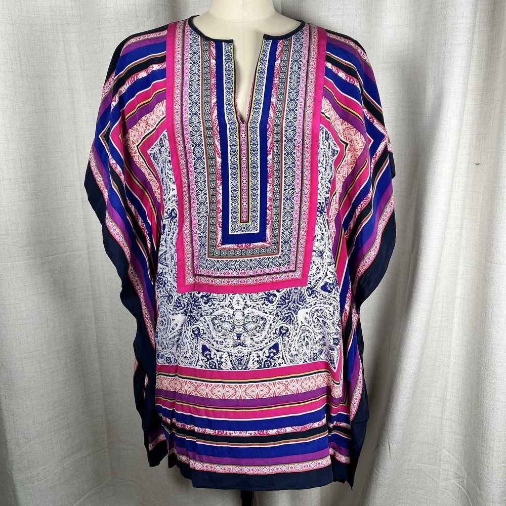 Trina Turk Geometric Multicolor 100% Silk V-Neck Tunic Caftan Kimono XS/Small